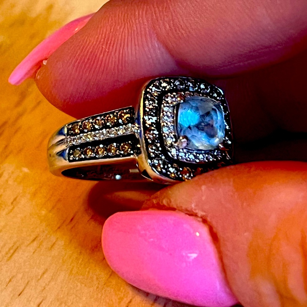 LeVian 14k Chocolate Diamonds Sea Blue Aquamarine Diamond Ring Size 7